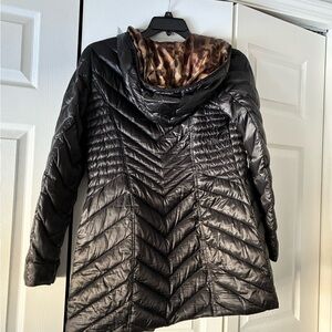 Laundry By Shelli Segal Black Puffer Jacket with Animal Print Lining